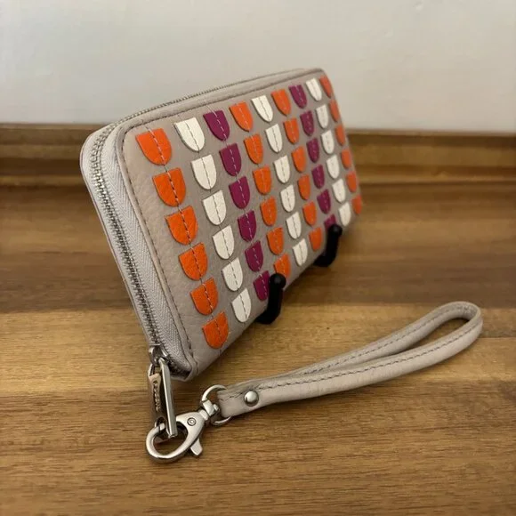 Fossil Marlow Gray Orange Purple White Patchwork Zip Around Clutch Wallet - Picture 2 of 8